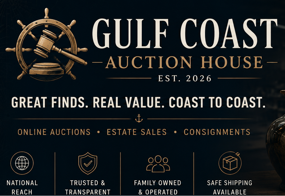 Promotional banner for Gulf Coast Auction House featuring a wooden ship's wheel logo, auction house branding, and a styled interior scene with a stained-glass table lamp, framed bird artwork, vintage camera, books, and a horse figurine on a table.