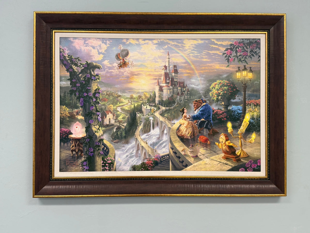 Thomas Kinkade Disney “Beauty and the Beast Falling in Love” 24x36 Embellished Canvas – Park West COA