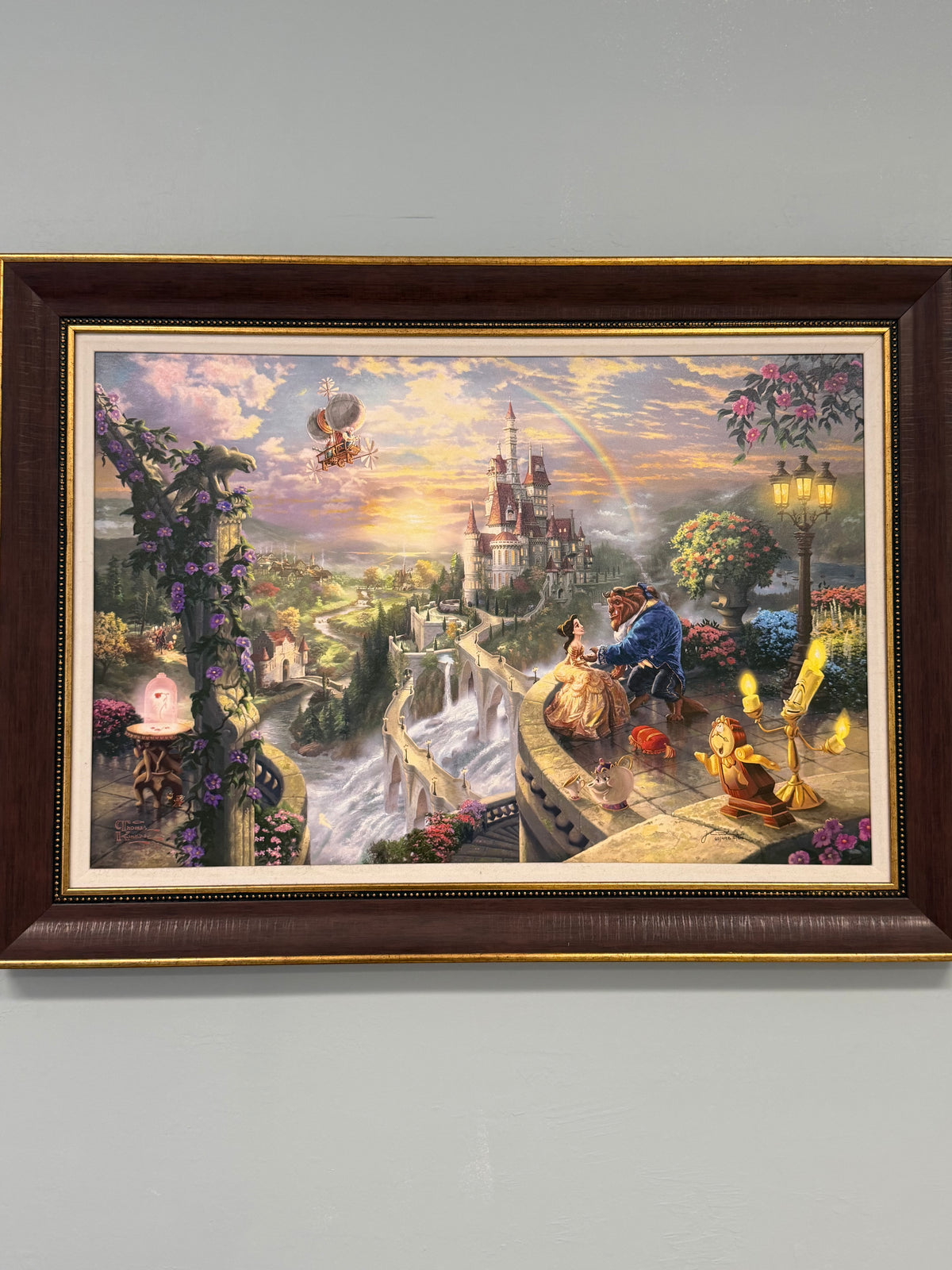 Thomas Kinkade Disney “Beauty and the Beast Falling in Love” 24x36 Embellished Canvas – Park West COA