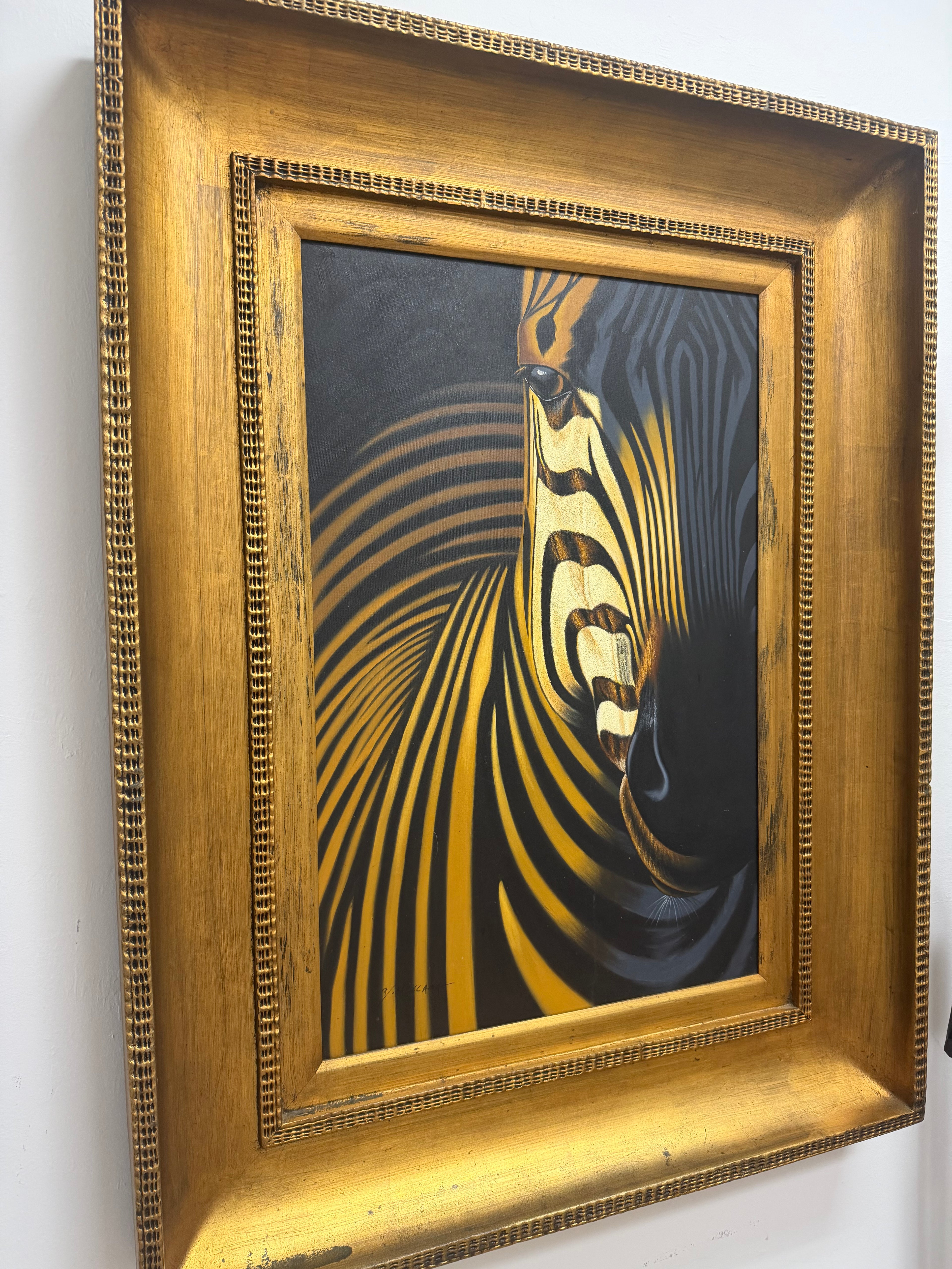 Oversized Vintage Dramatic Zebra Portrait Painting in Carved Gilt Gold Frame – 51" x 39"