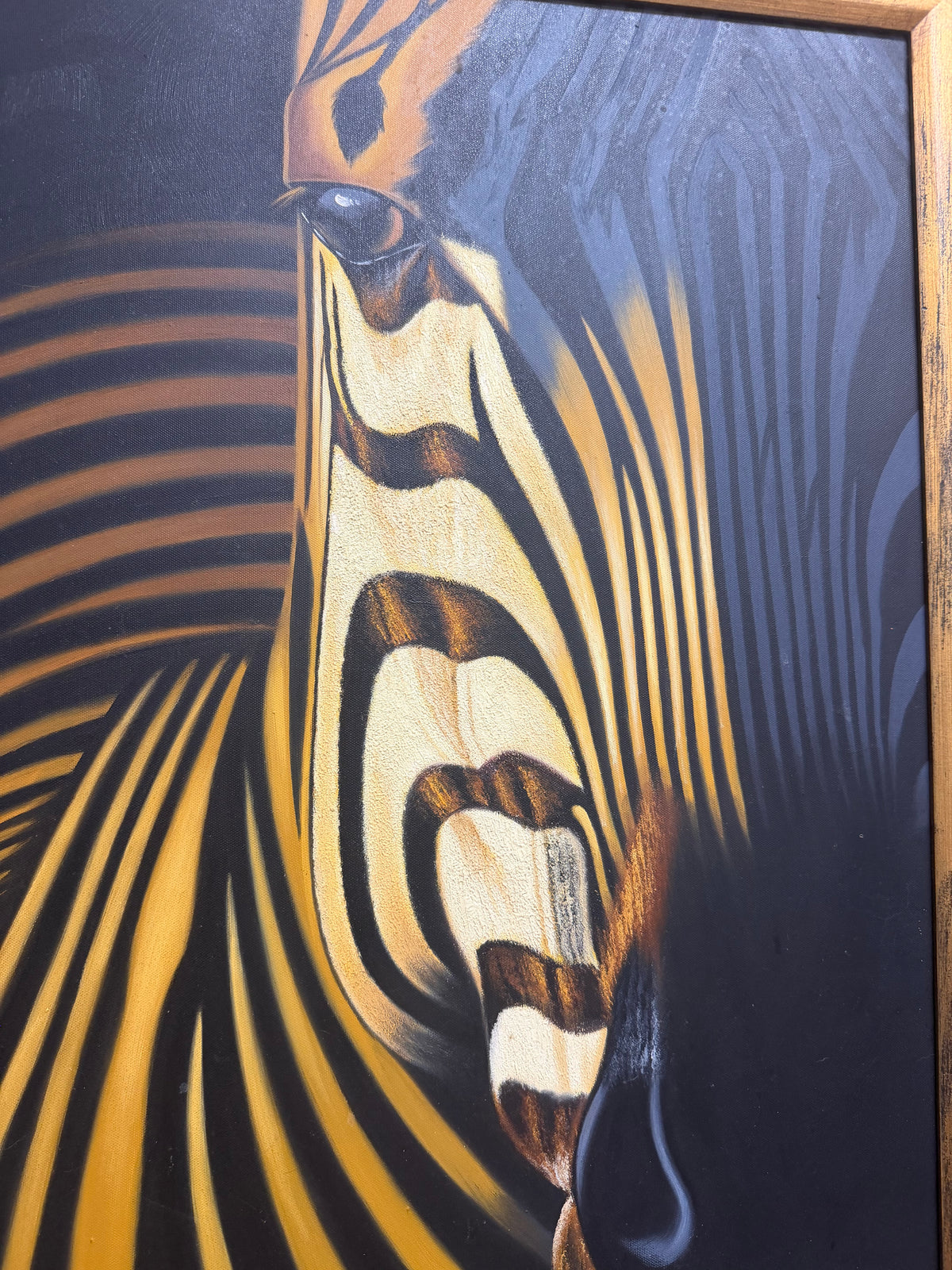 Oversized Vintage Dramatic Zebra Portrait Painting in Carved Gilt Gold Frame – 51" x 39"