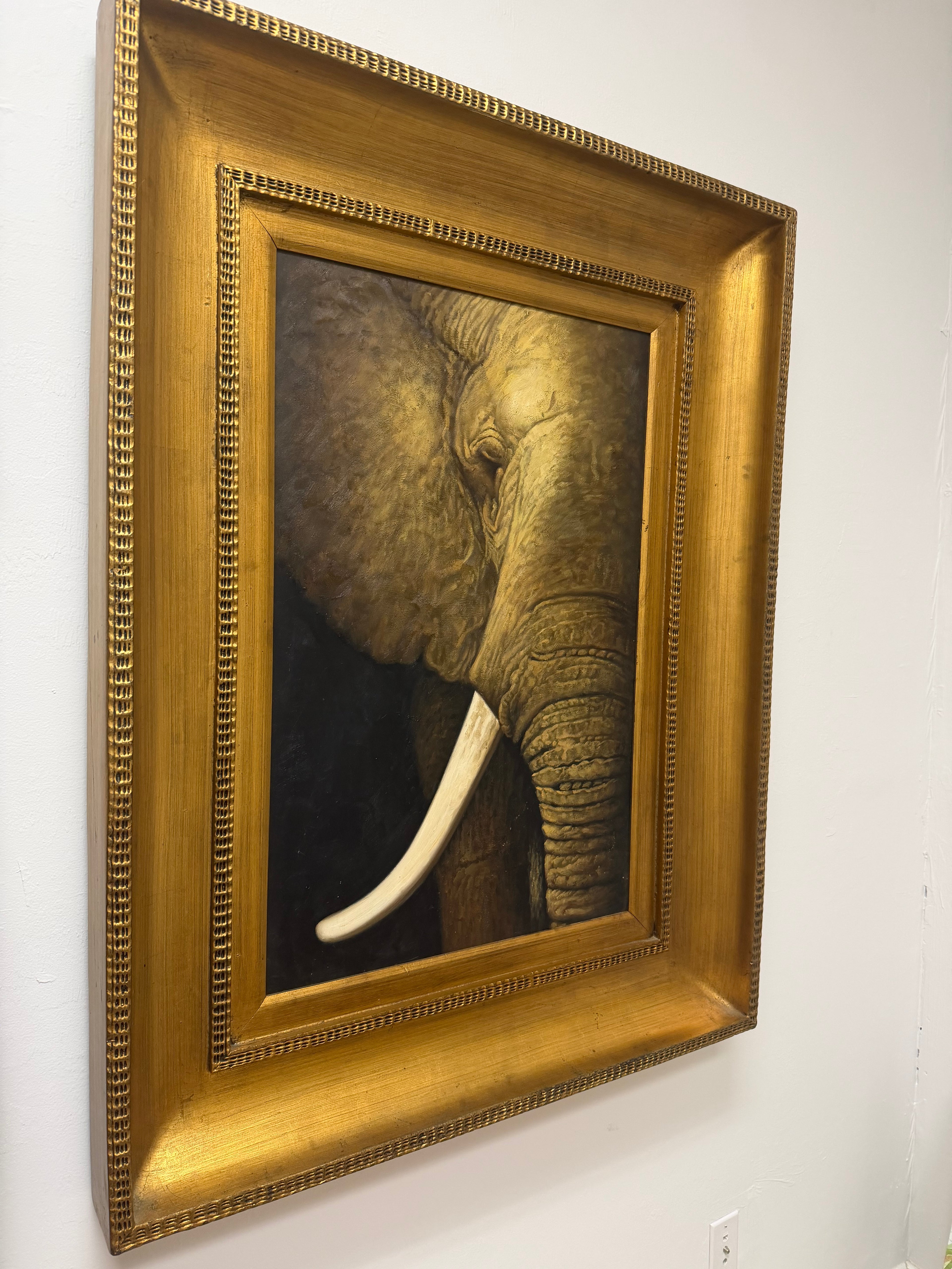 Oversized Vintage Dramatic Elephant Portrait Painting in Carved Gilt Gold Frame – 51" x 39"