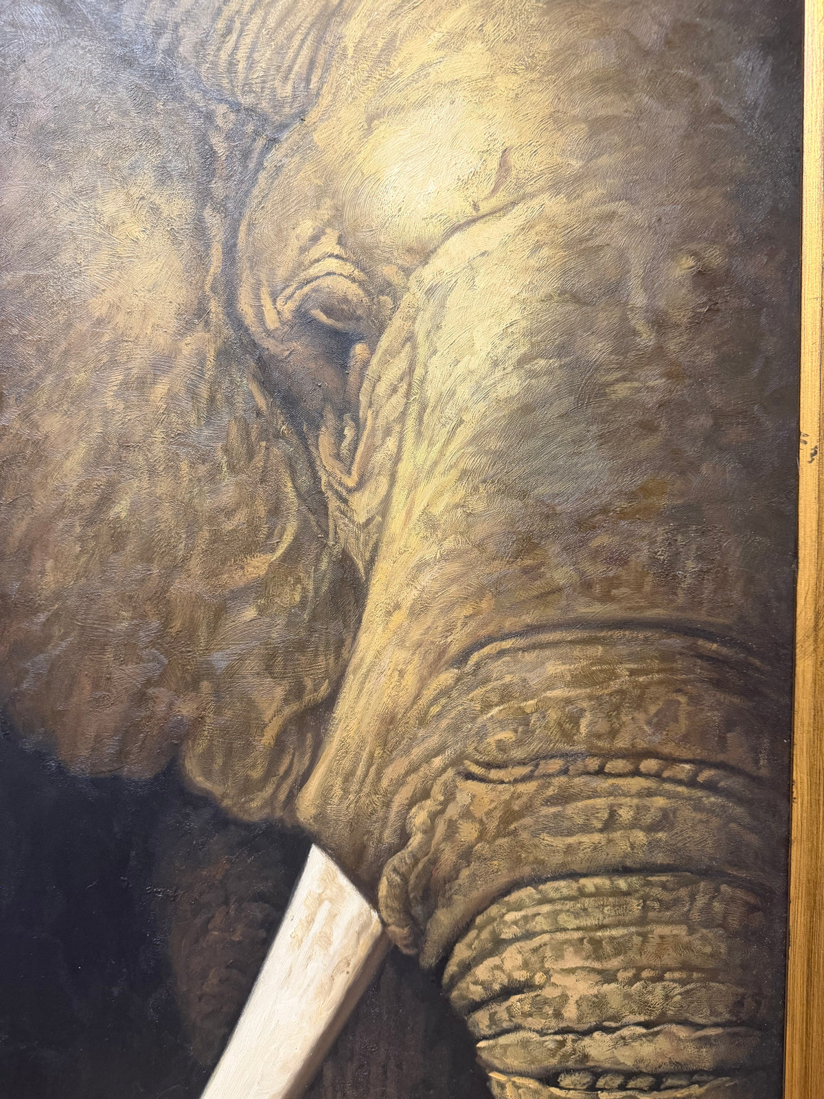 Oversized Vintage Dramatic Elephant Portrait Painting in Carved Gilt Gold Frame – 51" x 39"