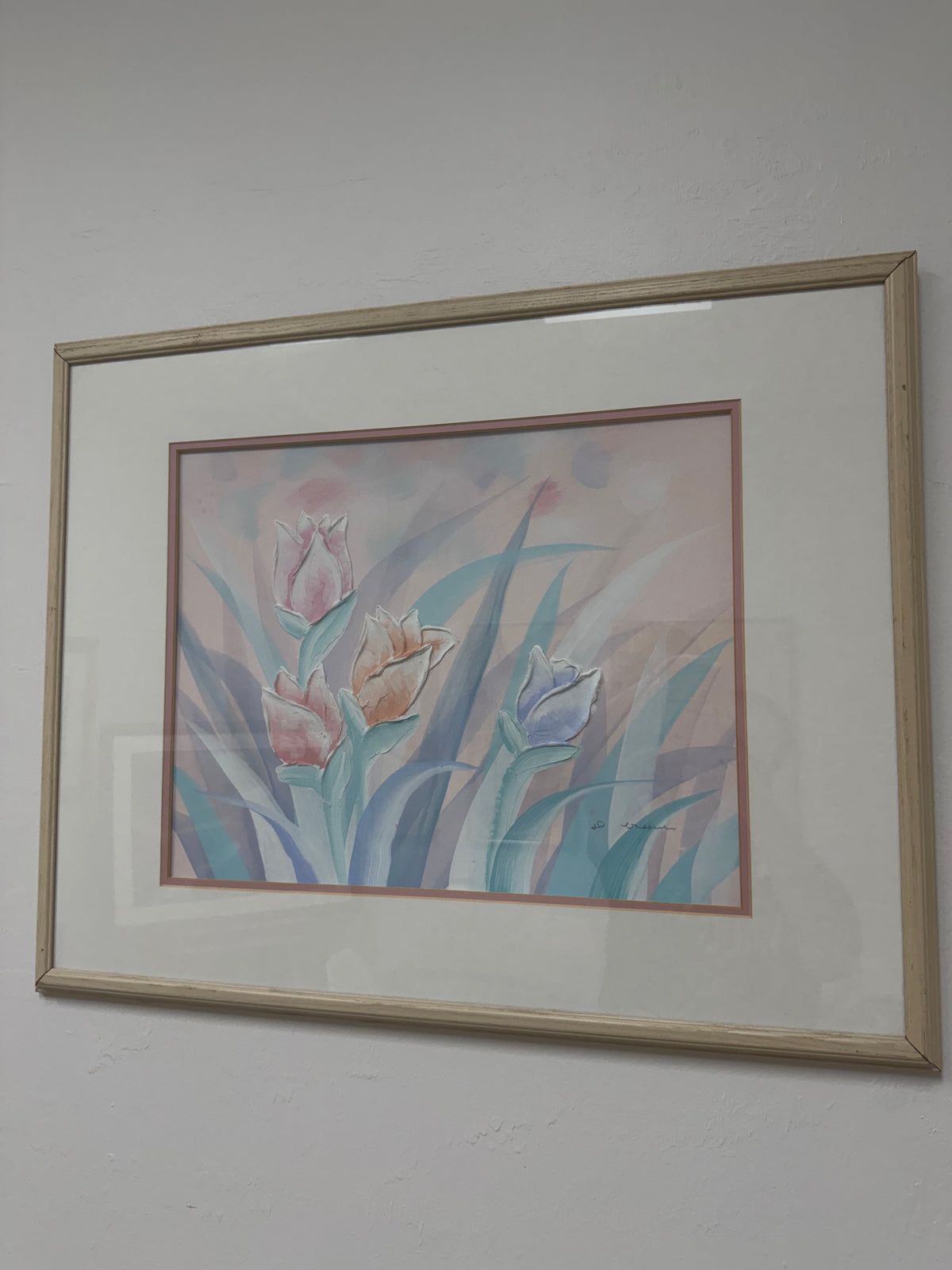 Vintage 1980s 3D Embossed Paper Floral Art in Whitewashed Frame – Signed "Joann" | 80s Postmodern Pastel Wall Decor