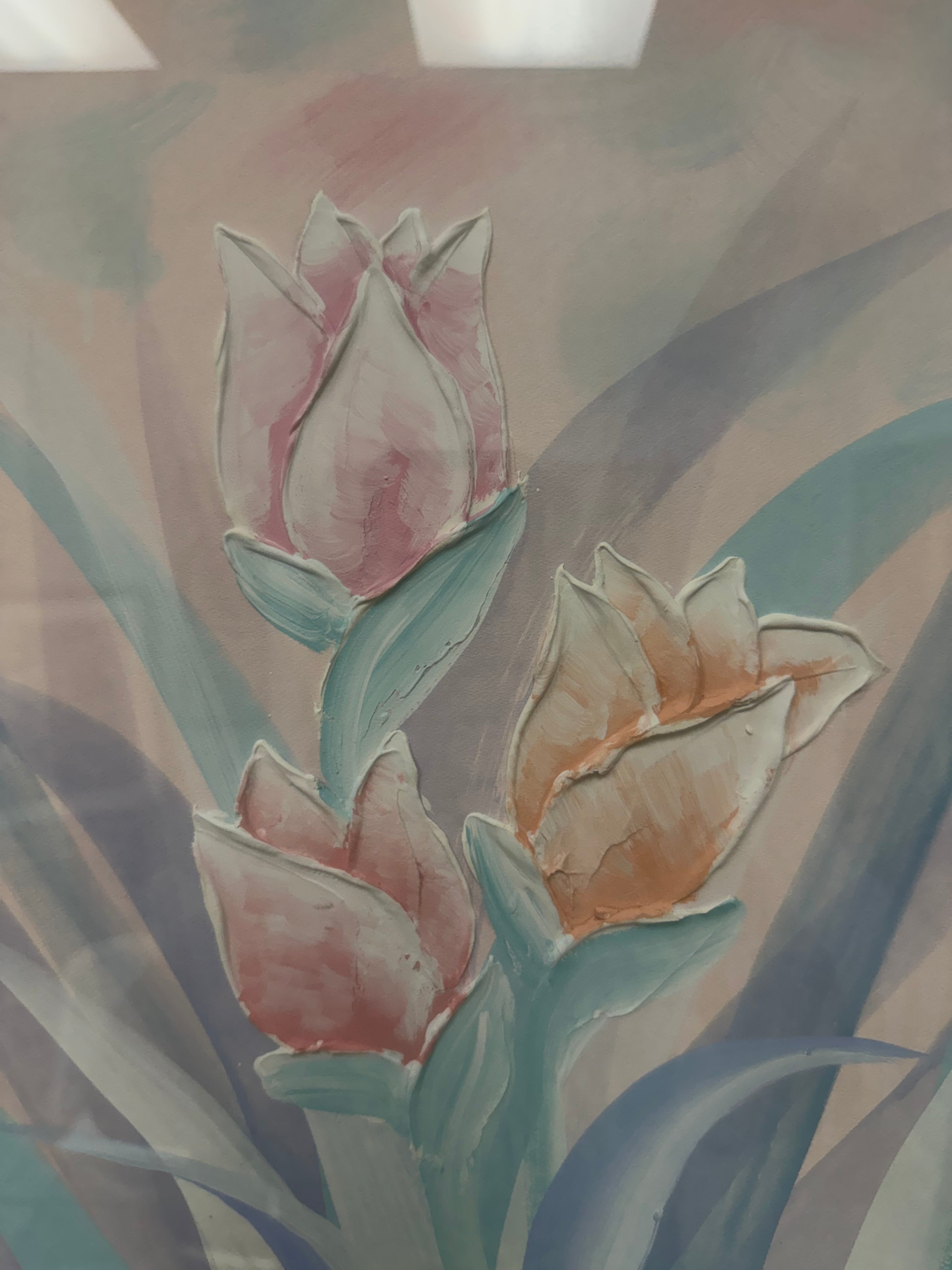 Vintage 1980s 3D Embossed Paper Floral Art in Whitewashed Frame – Signed "Joann" | 80s Postmodern Pastel Wall Decor