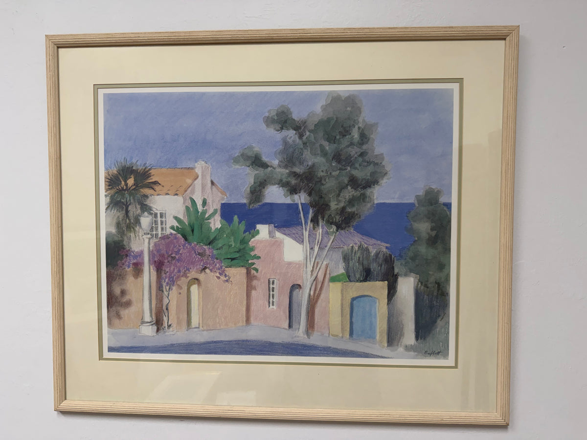 Vintage Mediterranean Coastal Landscape Art Signed William Buffett | Soft Pastel Beach Village Wall Decor in Light Wood Frame