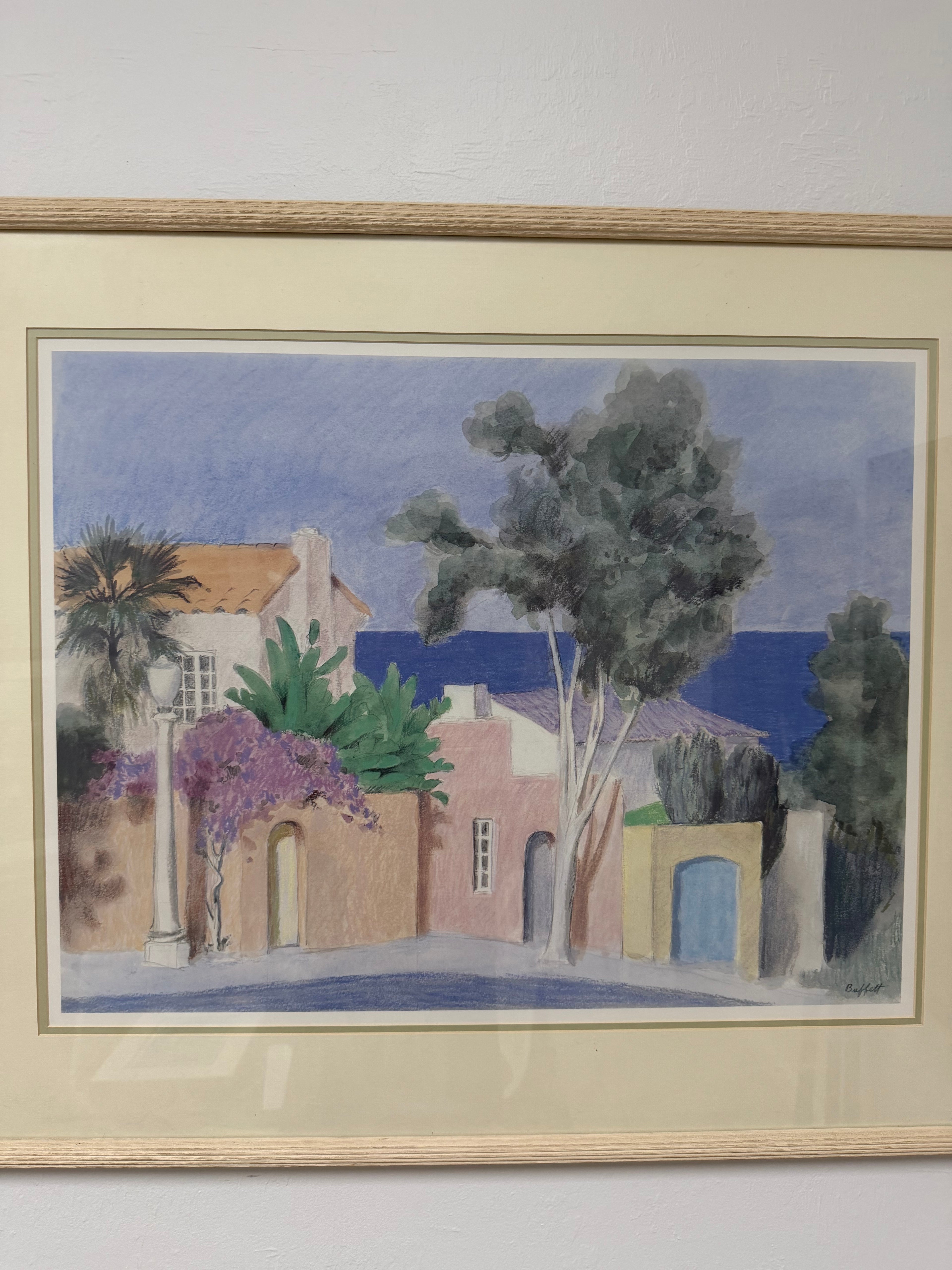 Vintage Mediterranean Coastal Landscape Art Signed William Buffett | Soft Pastel Beach Village Wall Decor in Light Wood Frame
