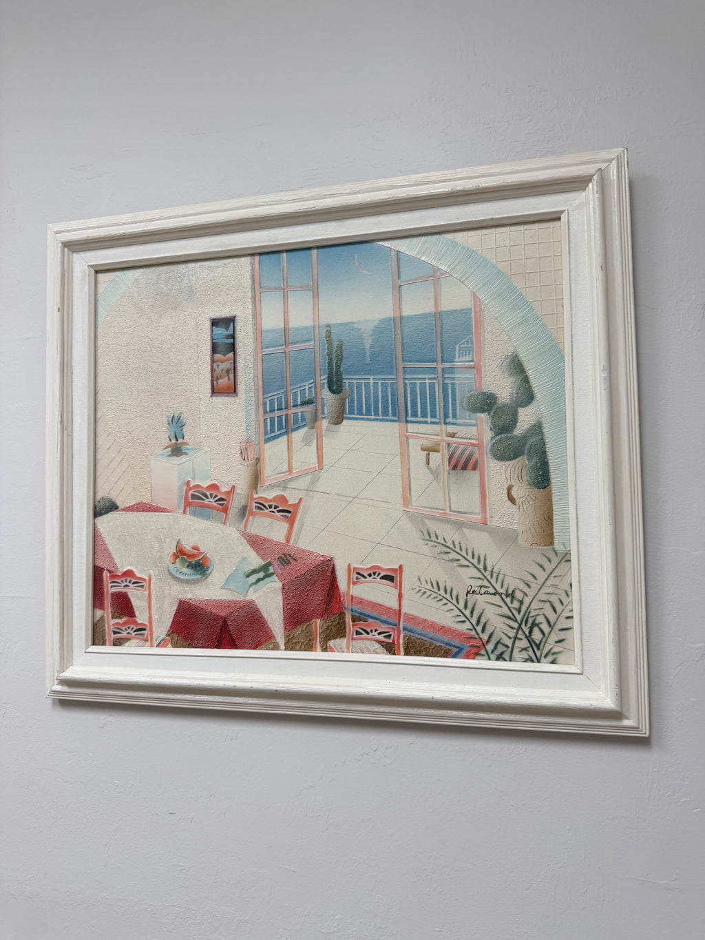 Vintage 1980s 3D Cast Paper Relief Wall Art Signed Redmond – Postmodern Coastal Terrace & Ocean View in Whitewashed Frame