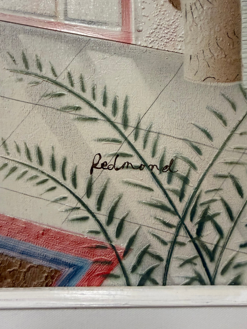 Vintage 1980s 3D Cast Paper Relief Wall Art Signed Redmond – Postmodern Coastal Terrace & Ocean View in Whitewashed Frame