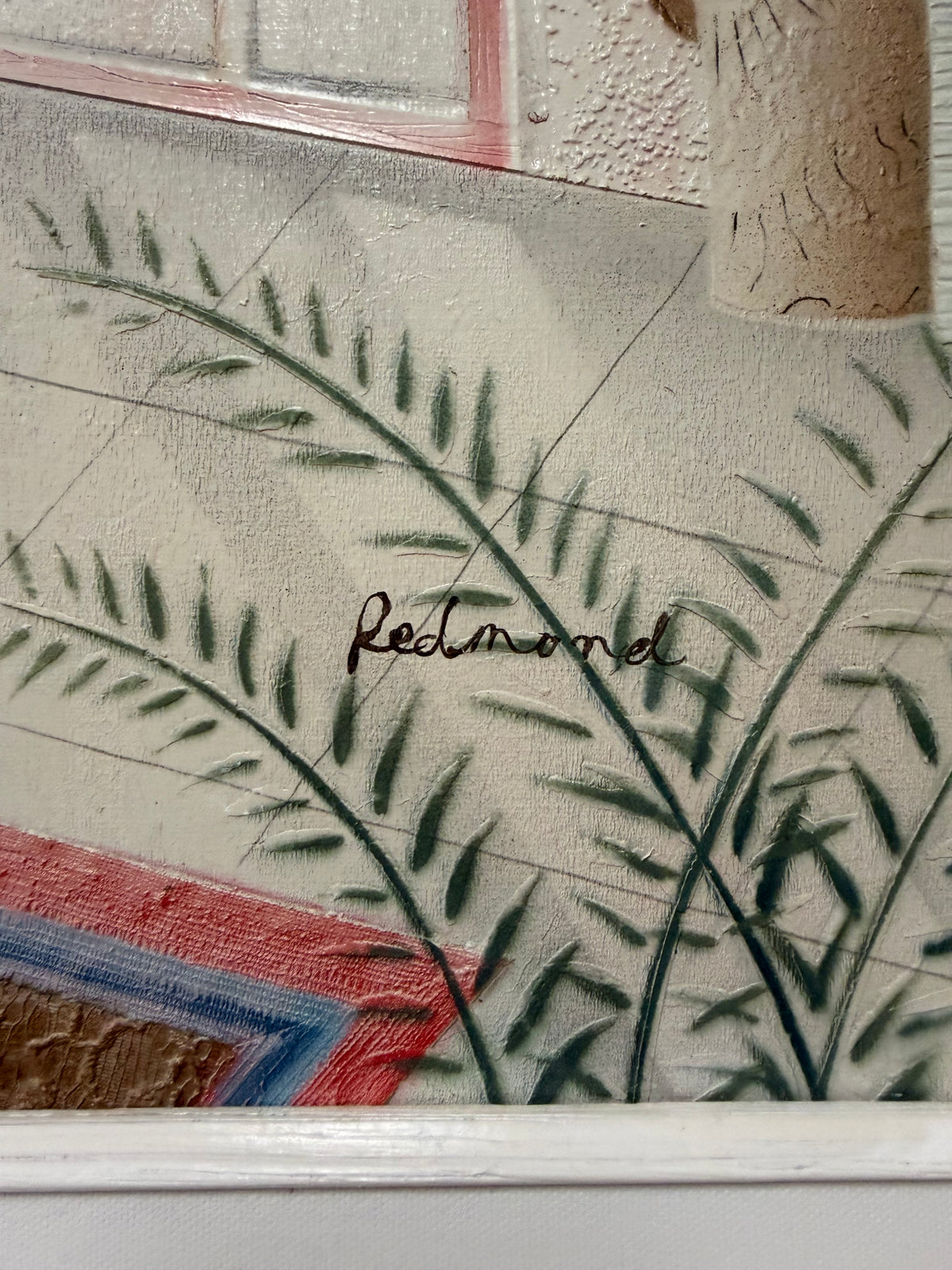 Vintage 1980s 3D Cast Paper Relief Wall Art Signed Redmond – Postmodern Coastal Terrace & Ocean View in Whitewashed Frame