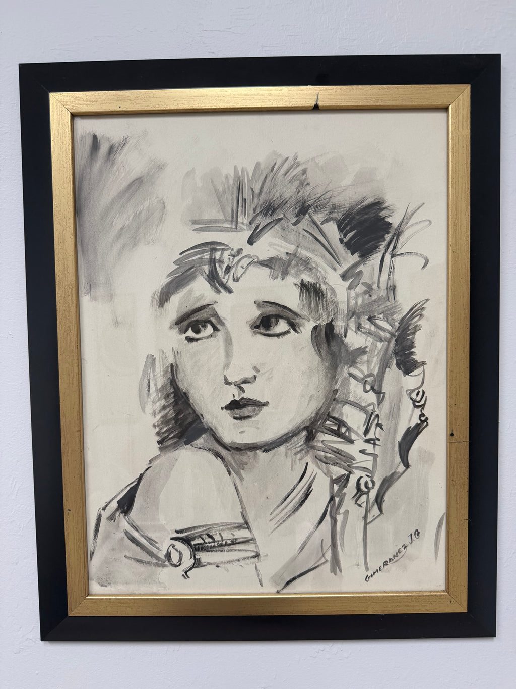 Original Signed Ink Wash Portrait Drawing by Justo Gimeranez (J.G. Gimeranez) – Black & Gold Framed Female Portrait Art