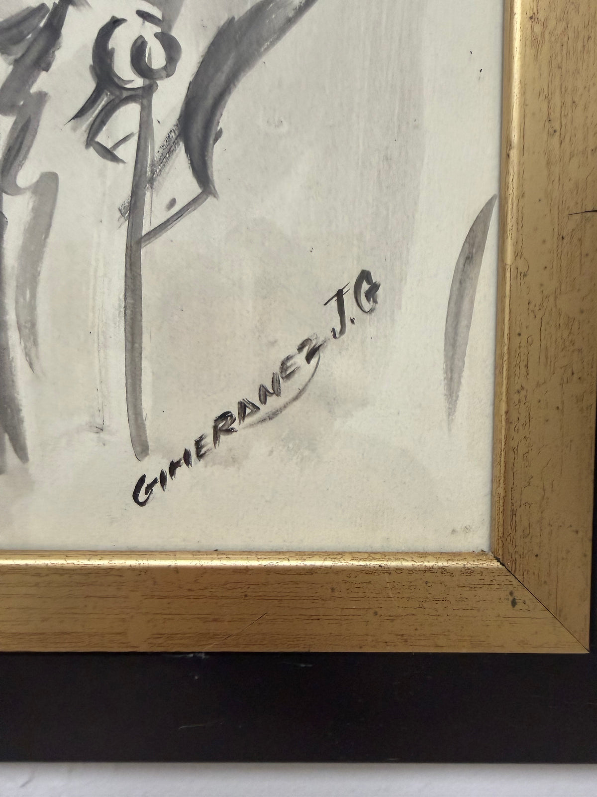 Original Signed Ink Wash Portrait Drawing by Justo Gimeranez (J.G. Gimeranez) – Black & Gold Framed Female Portrait Art