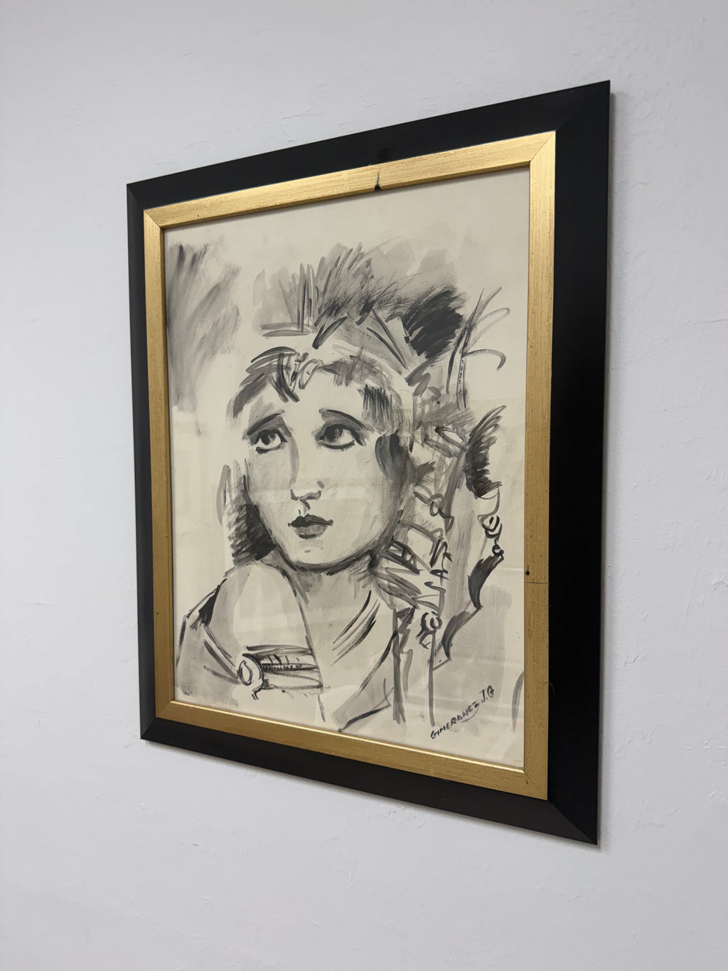 Original Signed Ink Wash Portrait Drawing by Justo Gimeranez (J.G. Gimeranez) – Black & Gold Framed Female Portrait Art