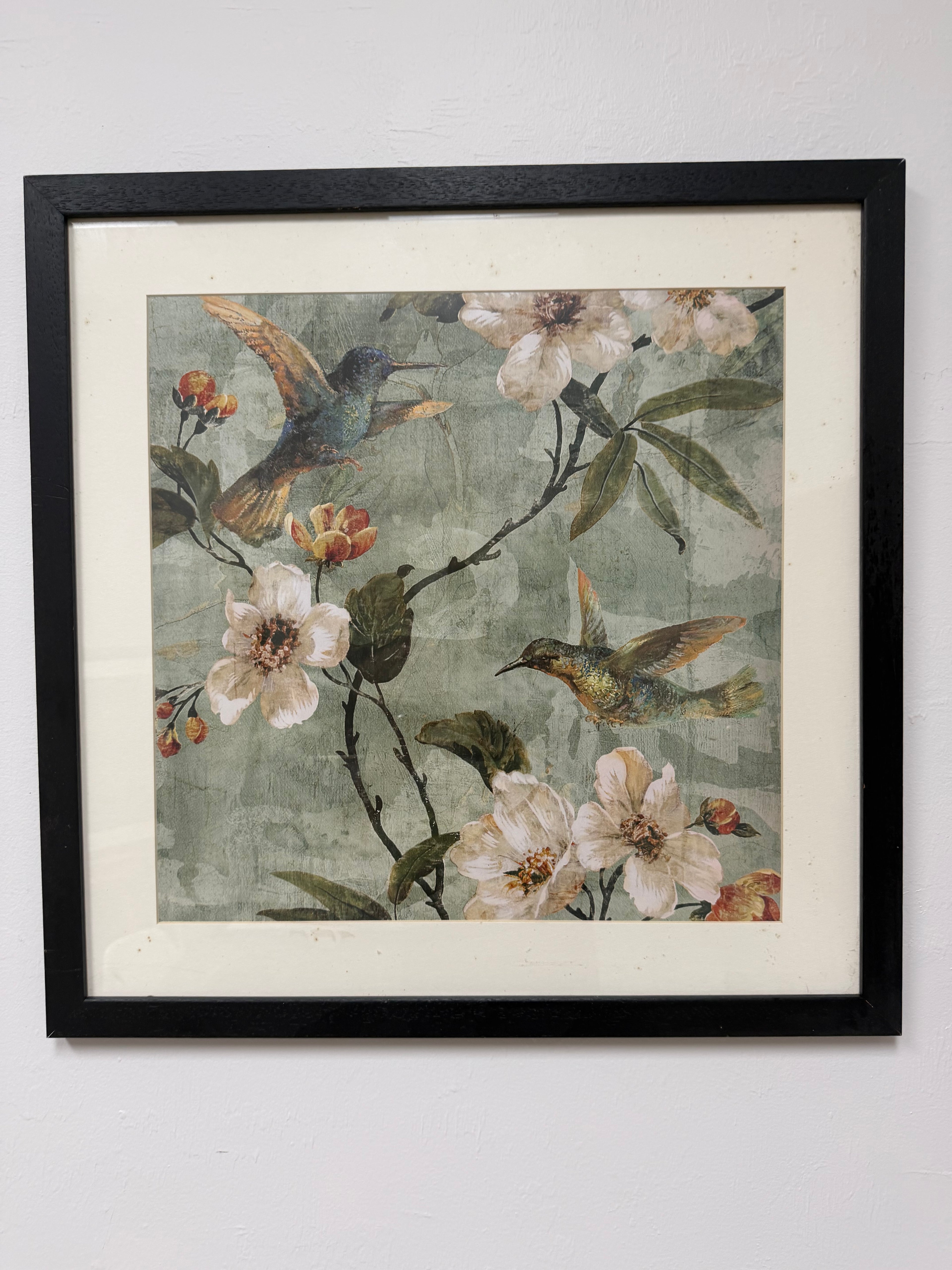 Framed Chinoiserie Hummingbird Botanical Art Print – Vintage Style Floral & Bird Wall Decor in Black Wood Frame