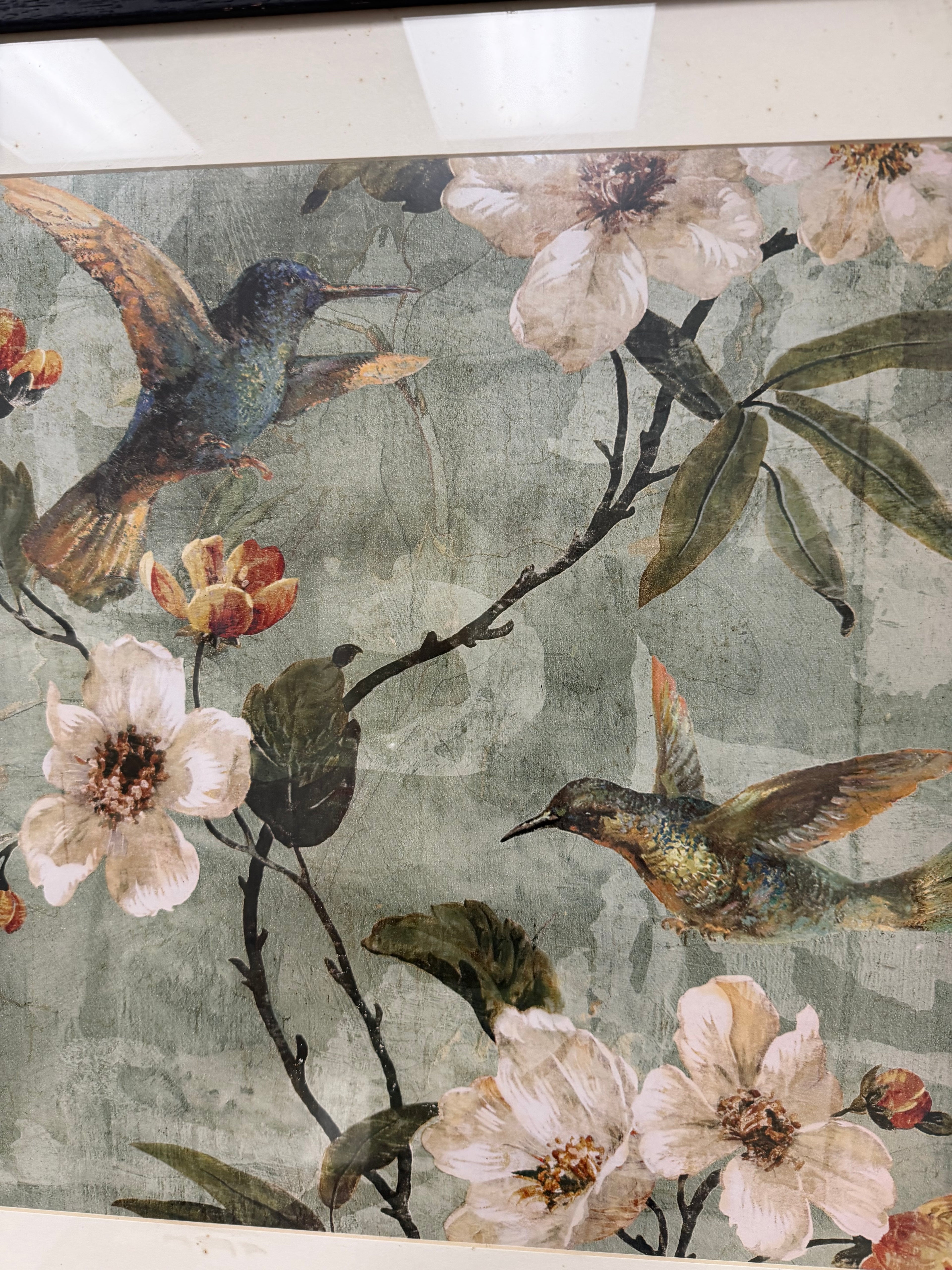 Framed Chinoiserie Hummingbird Botanical Art Print – Vintage Style Floral & Bird Wall Decor in Black Wood Frame