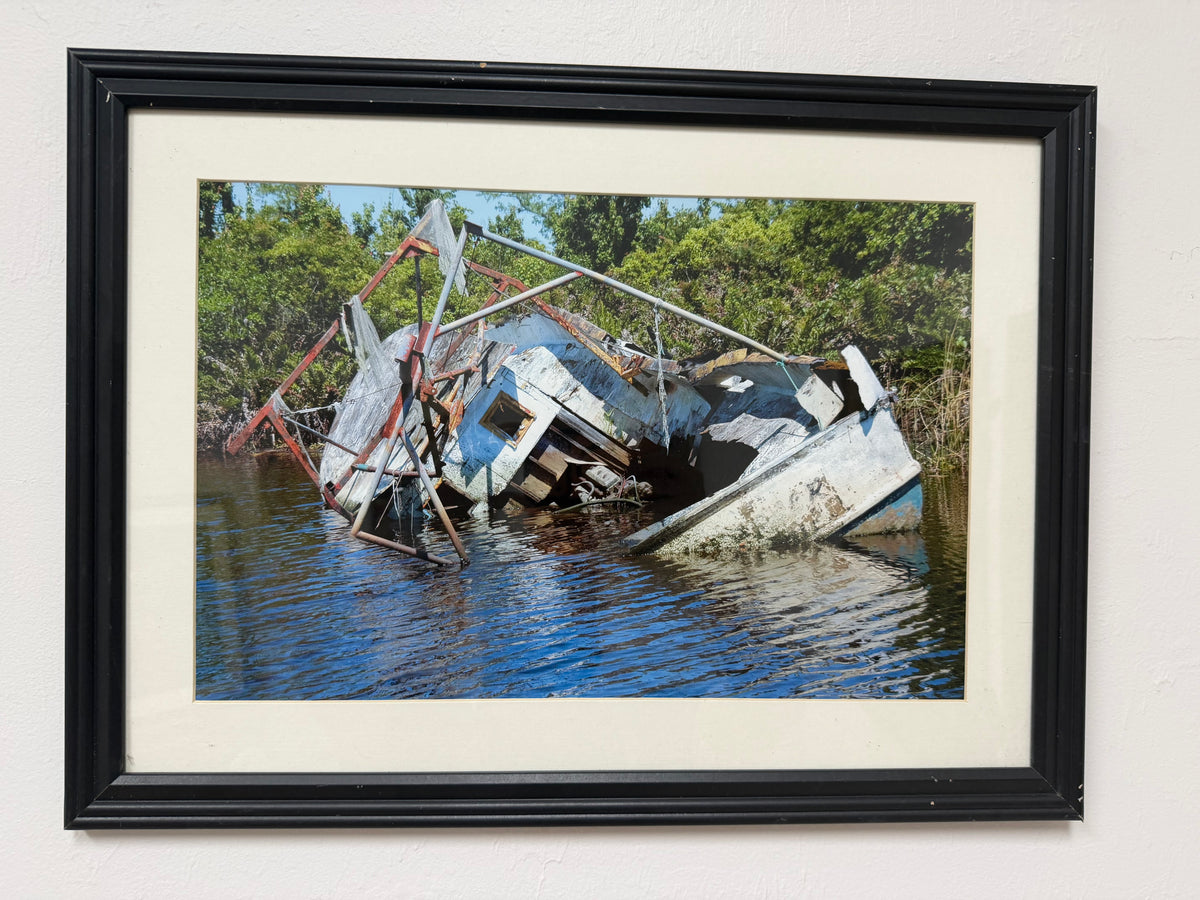 Sunken Shrimp Boat Fine Art Photo Print – Framed Coastal Maritime Wreck Photography Art