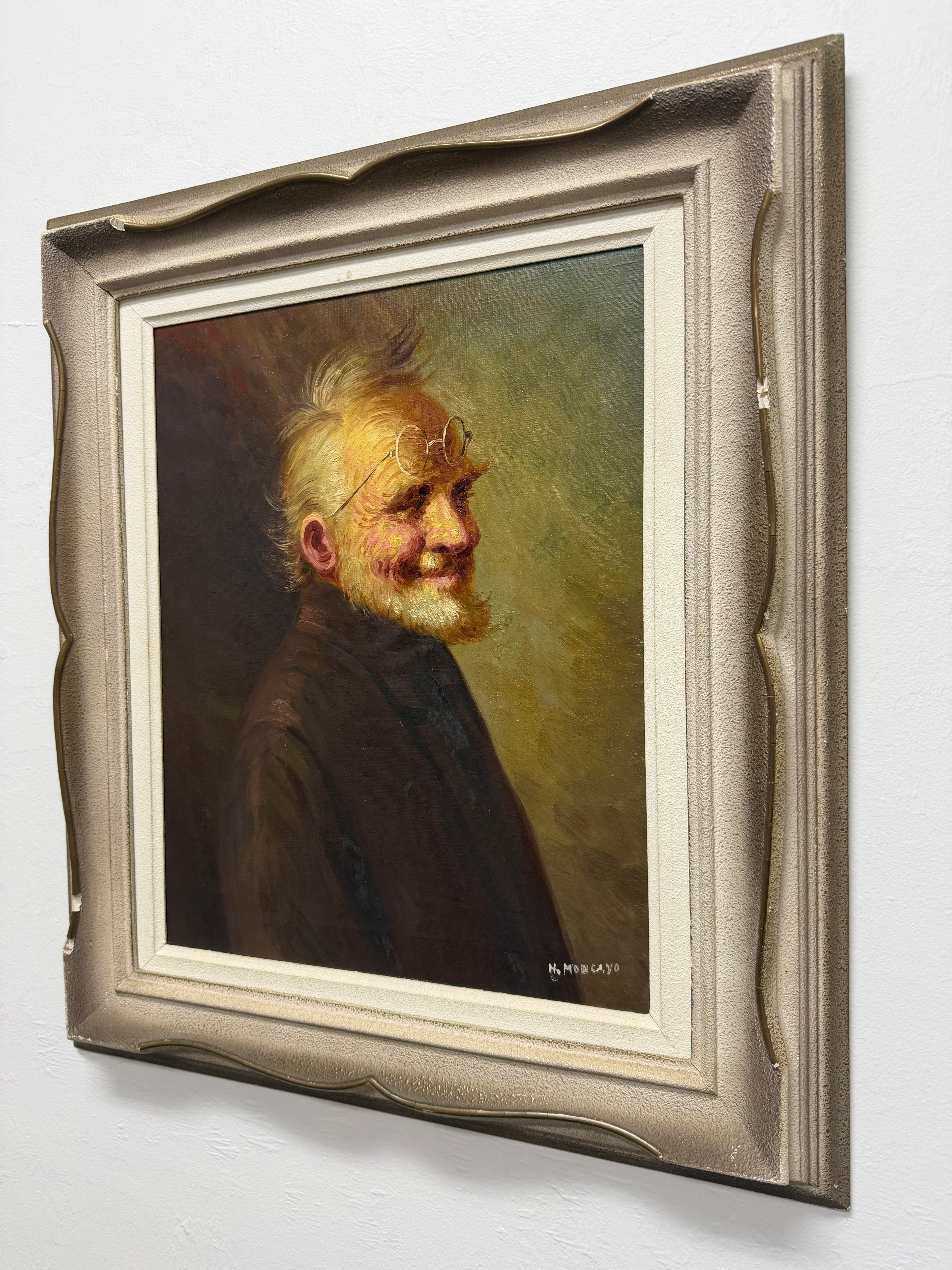 Original Vintage 1950s Oil Painting by Héctor Moncayo (1895-1984) – Signed Portrait of Smiling Elderly Gentleman in Spectacles
