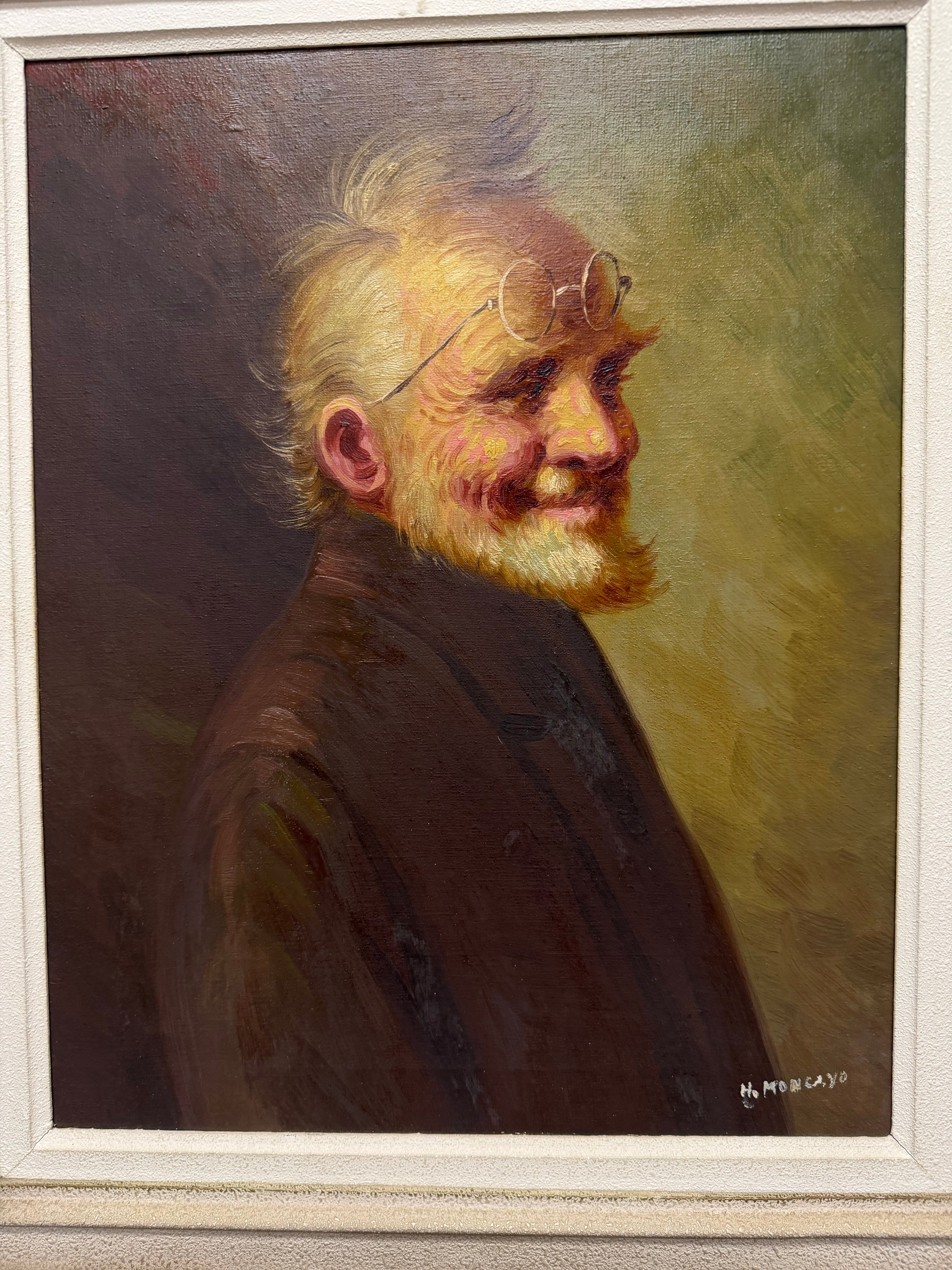 Original Vintage 1950s Oil Painting by Héctor Moncayo (1895-1984) – Signed Portrait of Smiling Elderly Gentleman in Spectacles
